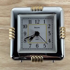 BULOVA MINI MANTLE CLOCK QUARTZ Alarm Gold And Silver Toned Metal Tested Working